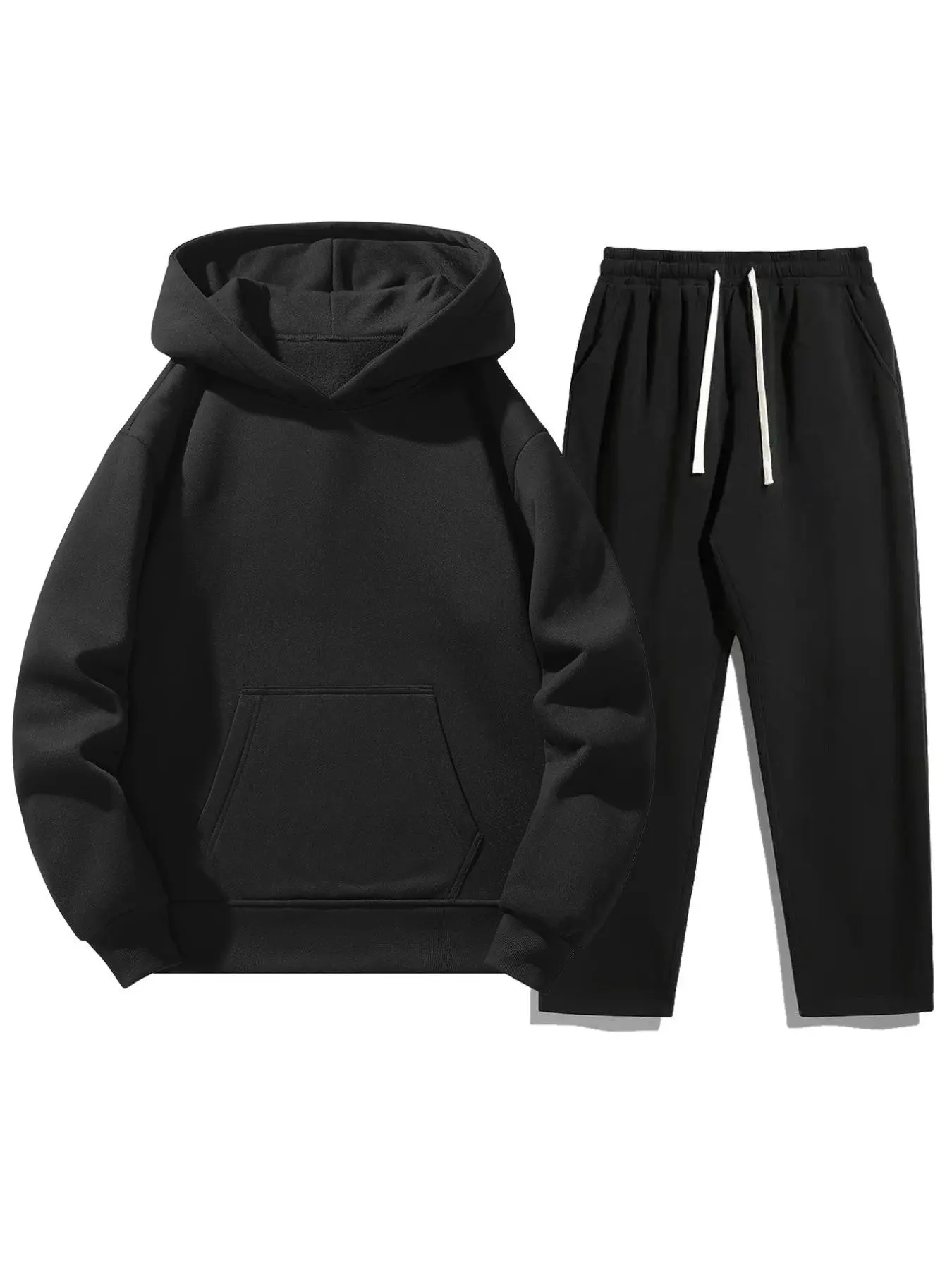 Men's Plain Two-Piece Sweatsuit Set, Basic Loose Regular Fit Casual Long Sleeve Hoodie & Pocket Drawstring Sweatpants, Comfortable Men's Clothing