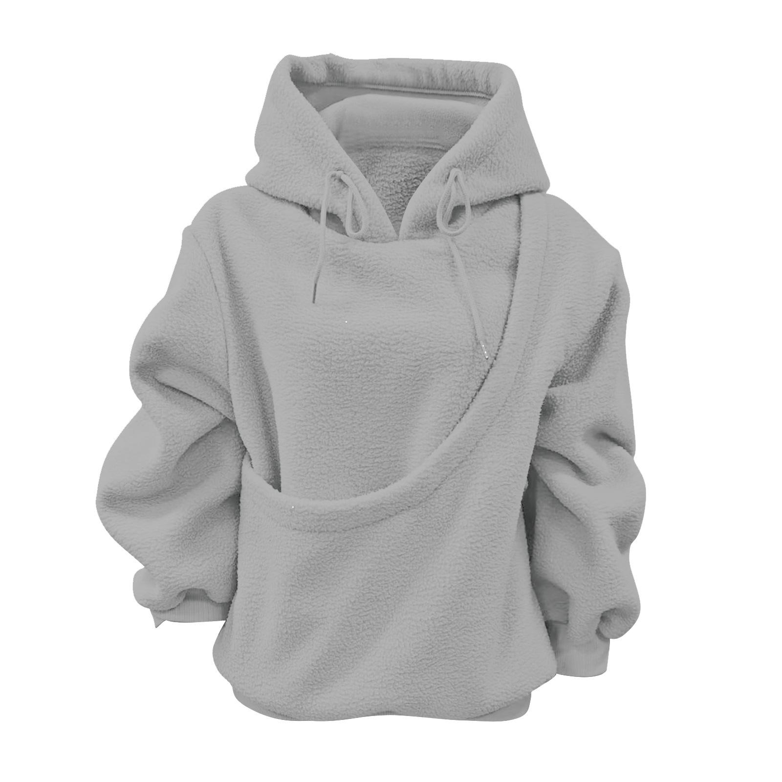Autumn and Winter Solid Color Hooded Plush Pet Pocket Loose Pullover Sweatshirt for Women Fashionable Warm Cold Resistant Polyester,Gift