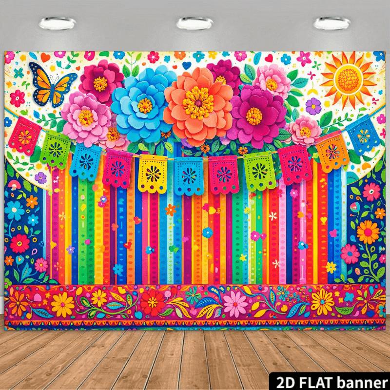 A Colorful Floral Party Backdrop in a Mexican Style on a 2D Plane, Featuring Large, Vibrant Flowers at The Top in Shades of Pink, Blue, Orange, And Purple, with Yellow Centers. Colorful Papel Picado Banners H