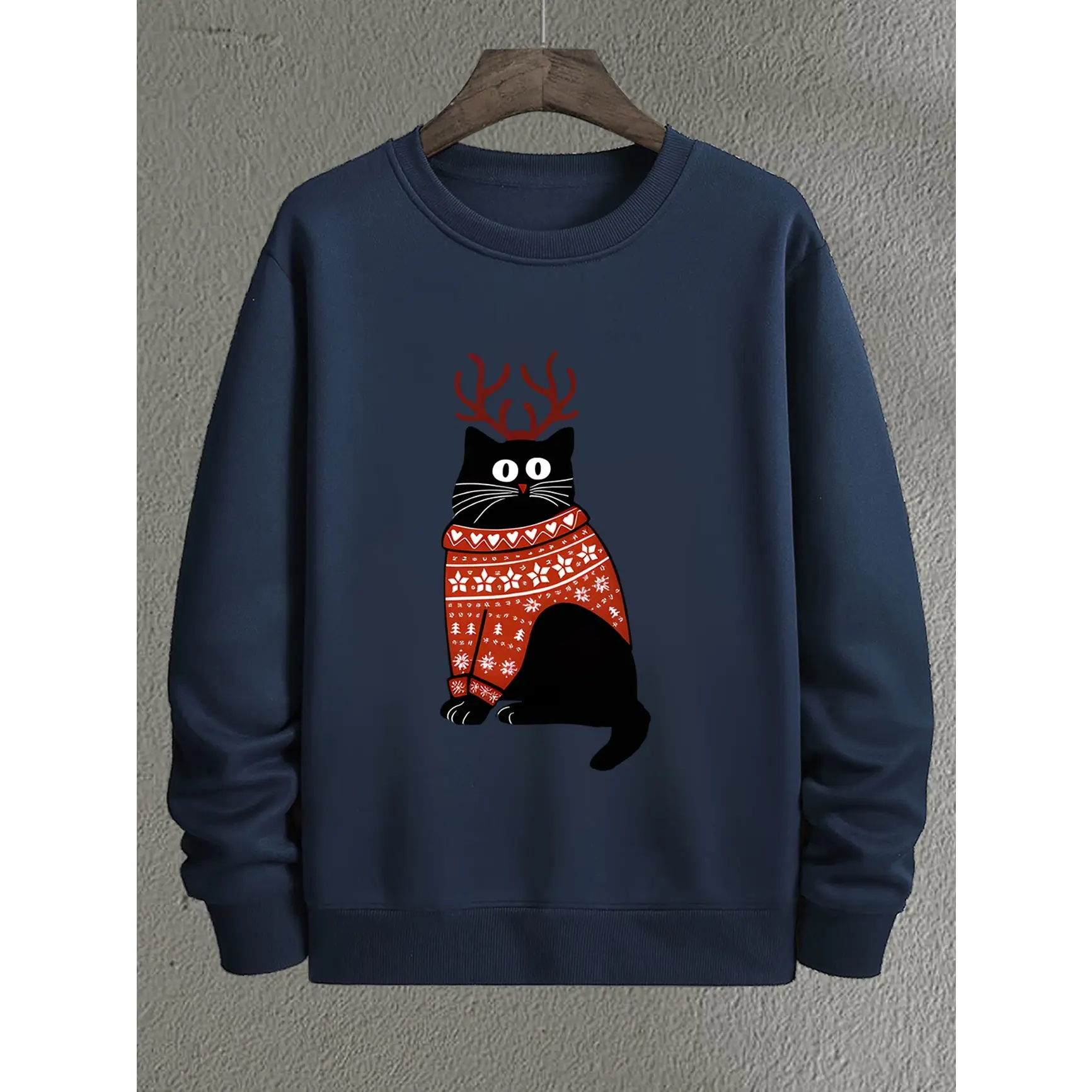 Christmas Reindeer Black Cat Graphic Oversized Cotton Sweatshirt, Cute Fashion Outfit, Perfect Xmas & Valentine’s Day Gift for Him Her, Best Holiday Present for Lover Family Friends, Comfort Casual Crewneck Pullover