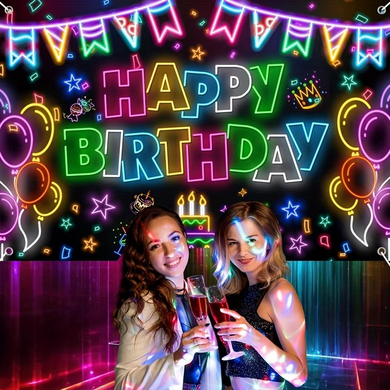 1pc Black Light Durable Polyester Neno Glow-in-the-Dark Birthday Party Backdrop - Vibrant Neon "Happy Birthday" Sign with Balloons, Candles & Confetti, Banner for Indoor Celebrations & Photo Ops, Festive Room