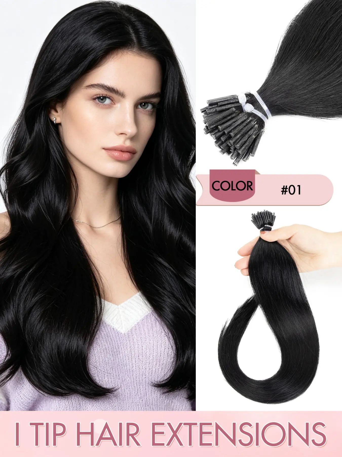 I Tip Human Hair Extensions, Black Invisible I-tips, Soft & Easy to Maintain, Add Length Without Bulk for Thick Hair Women, Ideal for Party Wedding, 30g