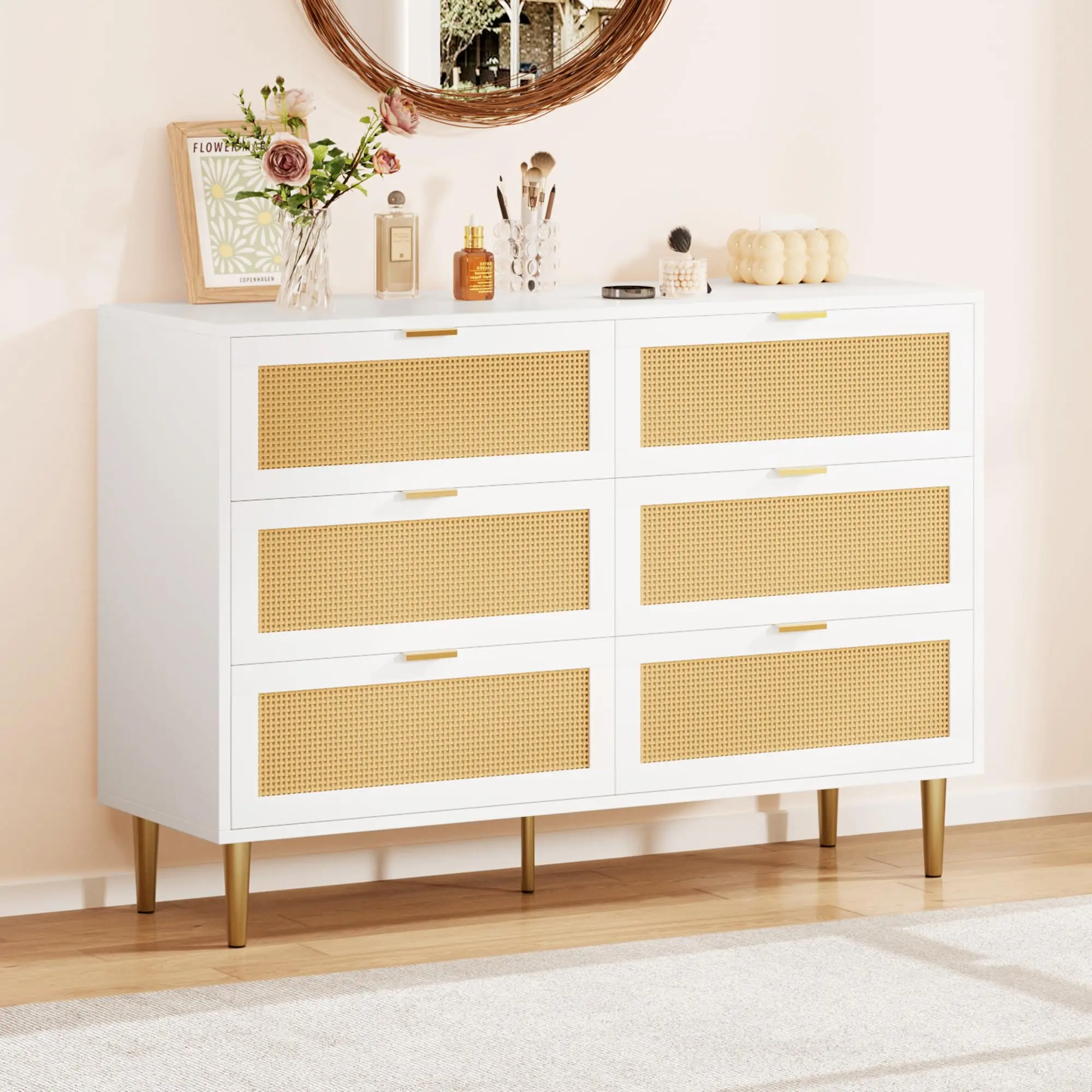 Modern Boho Rattan 6-Drawer Entryway Cabinet, Wide Double Storage Chest with Gold Metal Legs & Pull Handles, Large Tabletop & Anti-Tip Design, Multipurpose Organizer for Hallway, Bedroom & Living Room