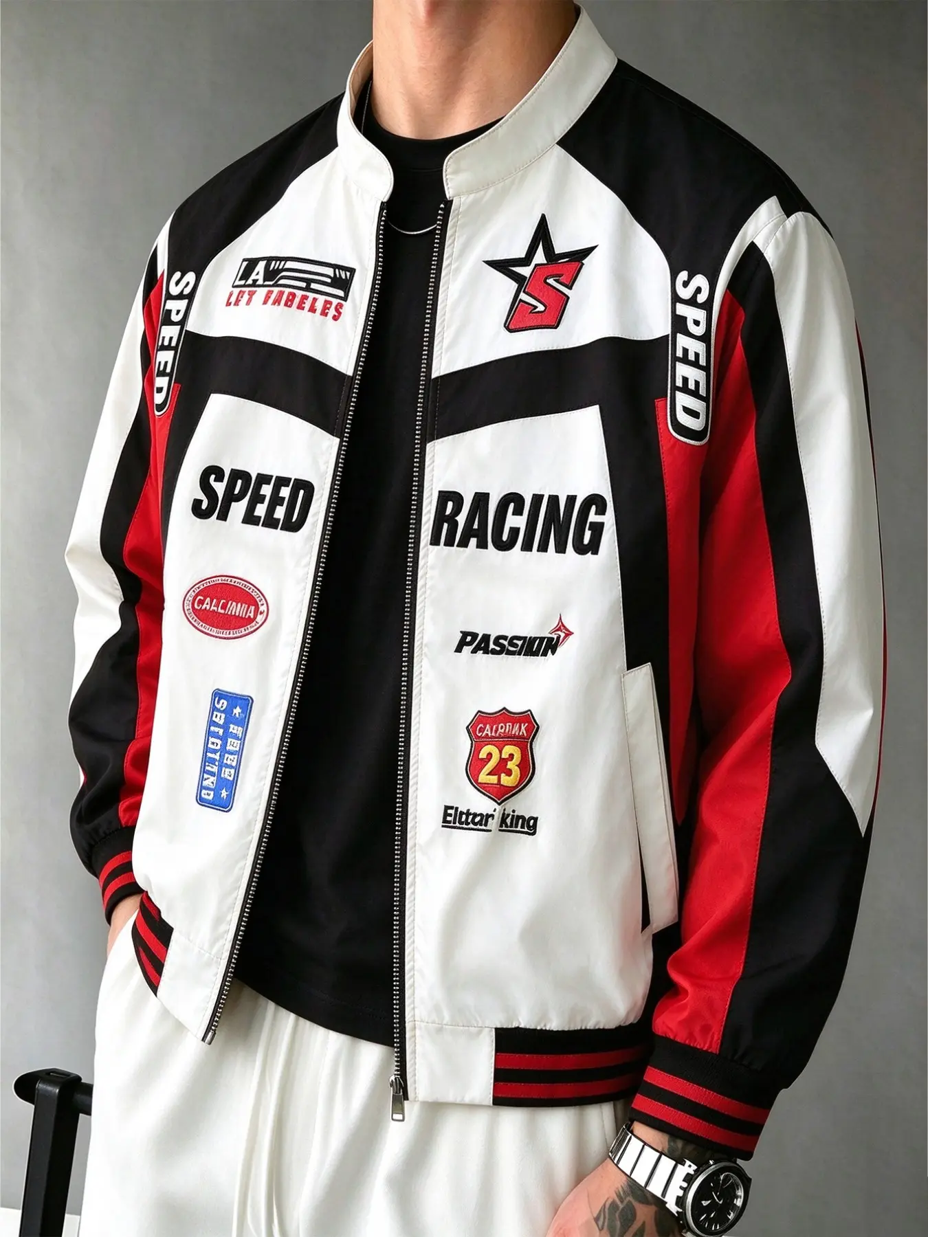 Men's Vintage Racing Embroidered Baseball Jacket, Colorblock Stand Collar Zipper Motorcycle Coat, Streetwear Fashion Outerwear