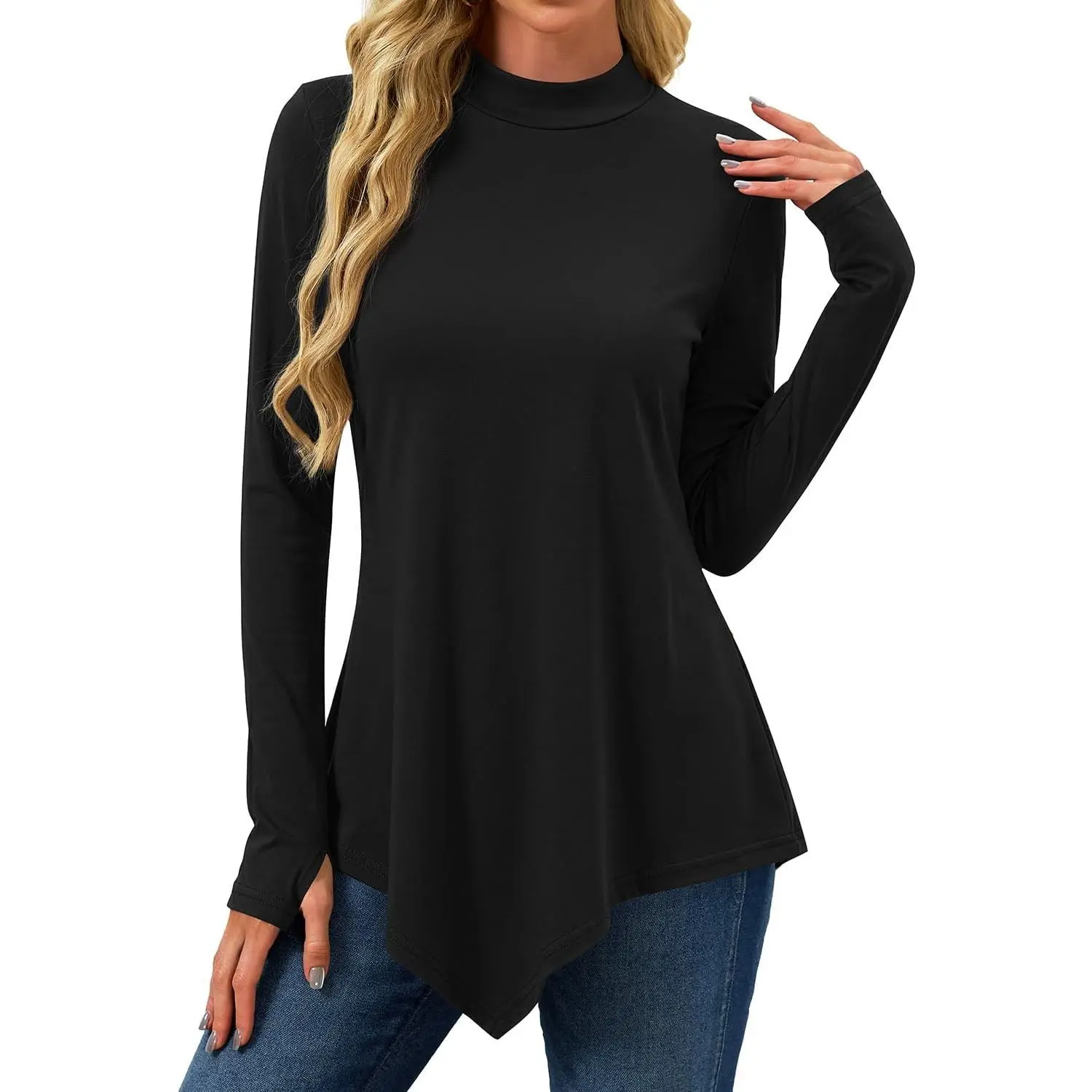 JUSTFASHIONNOW Women's Mock Turtleneck Tunic Tops Long Sleeve Thumb Hole