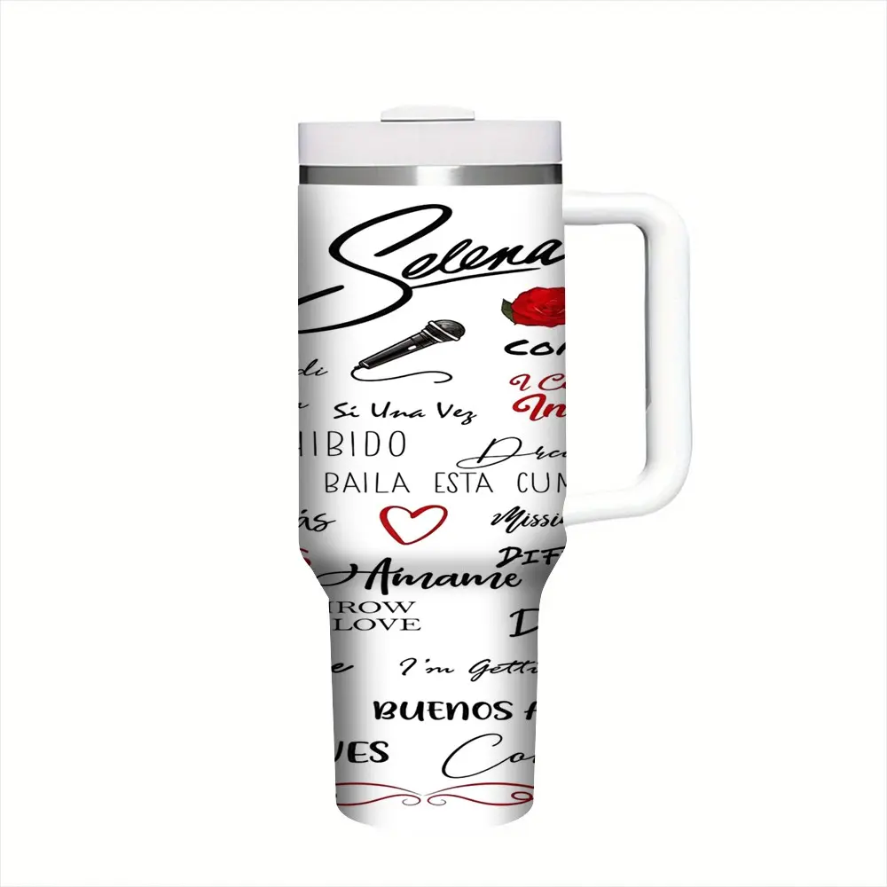 1pc17oz/17.5oz/20oz/30oz/32oz/40oz Selena Quintanilla Spanish Song Lyrics Tumbler With Handle | Latin Queen Music Fan Stainless Steel Insulated Travel Mug