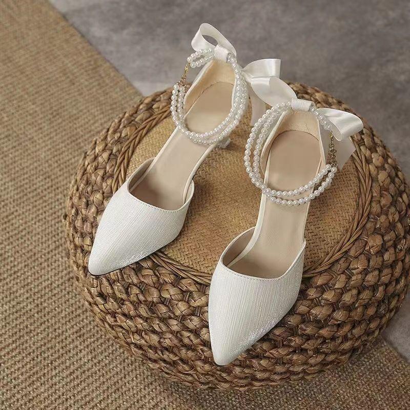 French Style Pearl Sandals Pointed Toe Thin Heel Summer Slimming Fairy Style Women High Heels