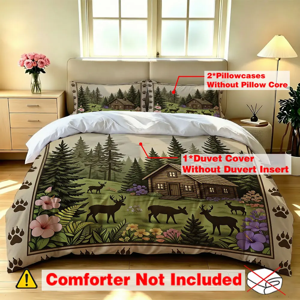 3-piece forest log cabin deer flower bedding set (one bedding cover, two pillowcases) without filling, suitable for single beds, double beds, and can be used in bedrooms, student dormitories, and e-sports hotels, and is also a great gift option.