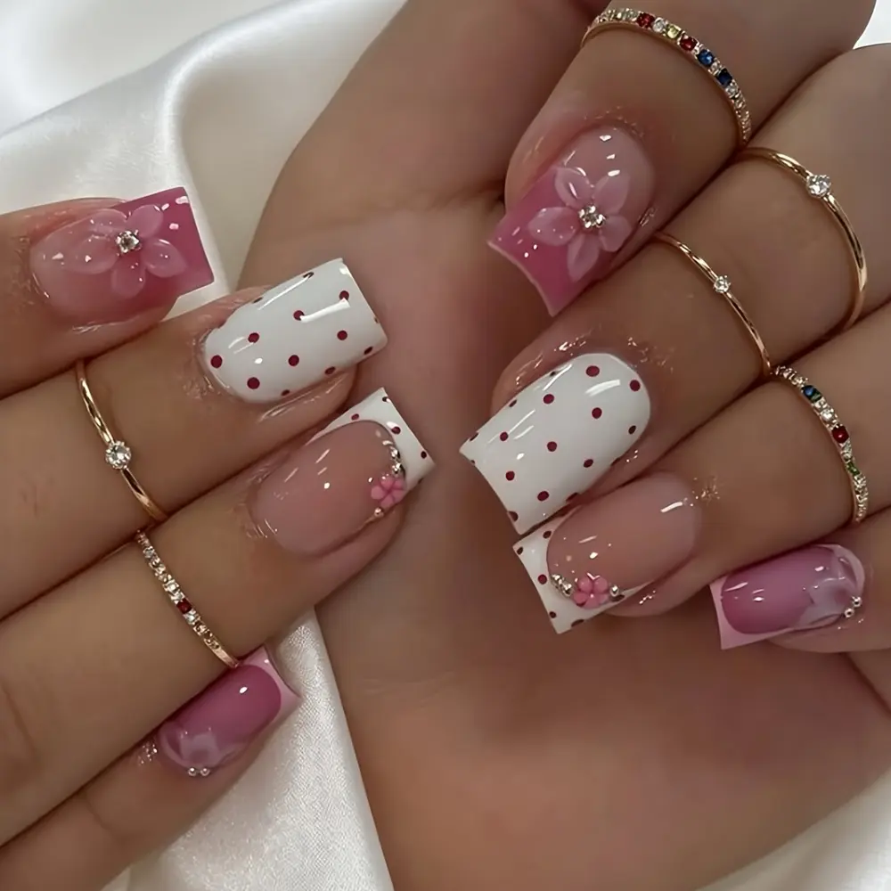 Reusable Square Press-on Nail Sets - 24-Piece Pack with French Dot Patterns, 3D Embossed Carvings, Gold Bead Decorations, 2 Jelly Glue Pieces, Nail File (Included Glue)
