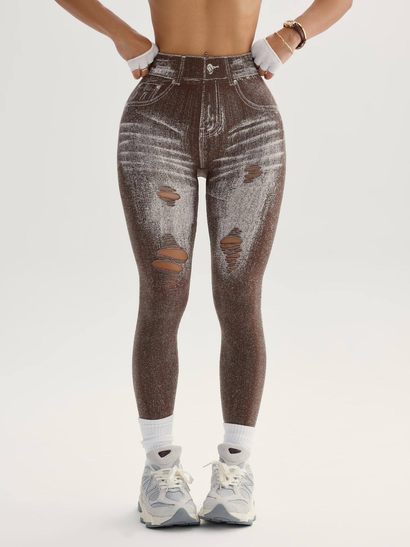 Women's Denim-Effect Print High Waist Sports Stretchy Leggings, Casual Comfy Cut Out Skinny Pants for Yoga Gym Workout Running, Ladies Sportswear Bottoms for All Seasons