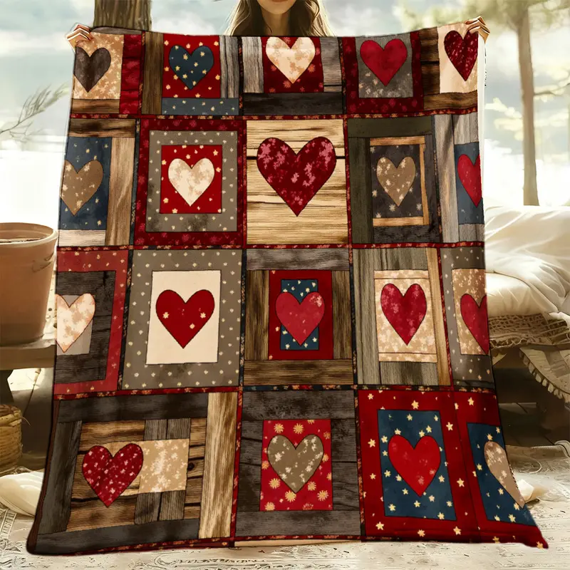 Elegant French flannel blanket with country heart splicing, exceptionally soft, suitable for all seasons, perfect for gifts or home decor, NextDay Express, 280gsm birthday gift 1 piece 280G