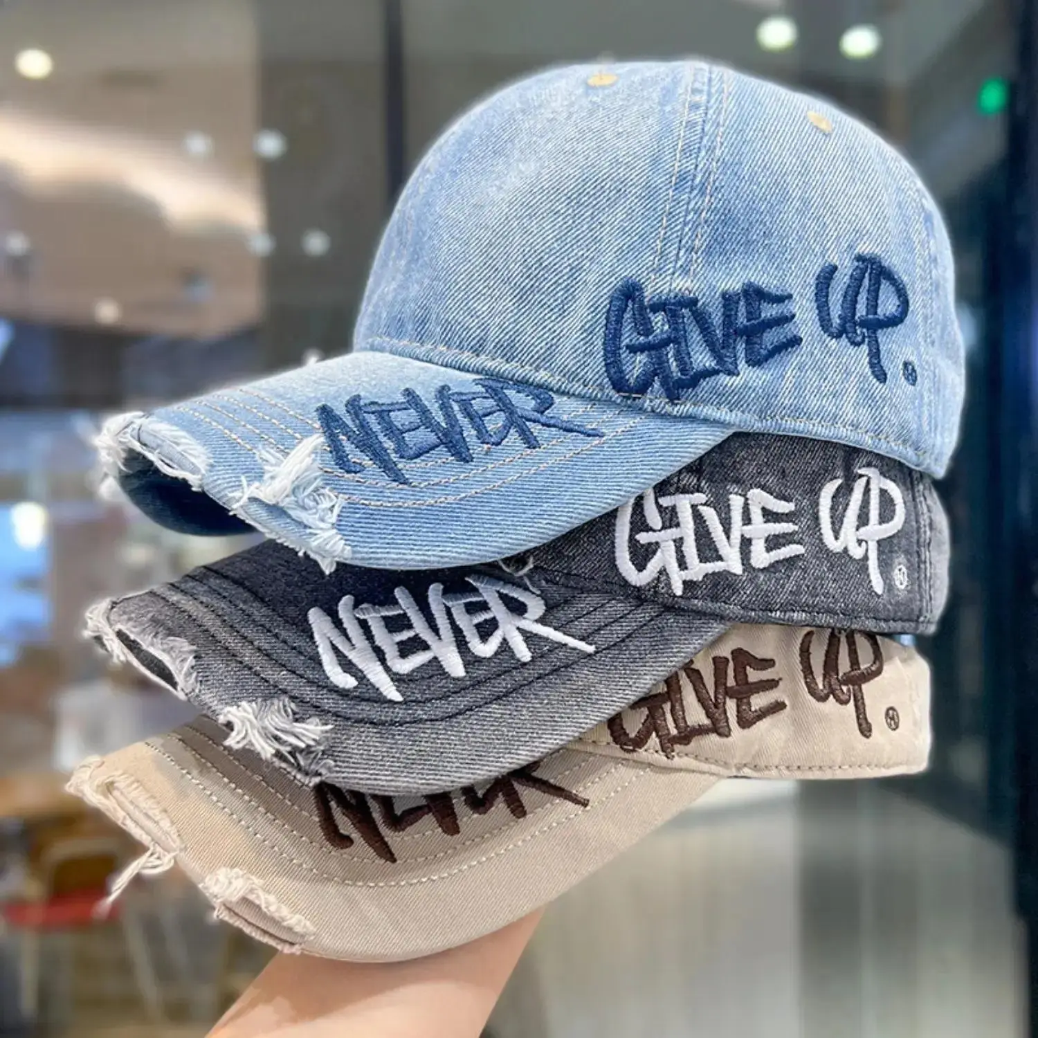 Unisex Distressed Washed Denim Baseball Cap, Retro Frayed‑Edge Brim Hat With NEVER GIVE UP Letter Embroidery, Adjustable‑Fit Casual Snapback Hat For Daily Outdoor Wear