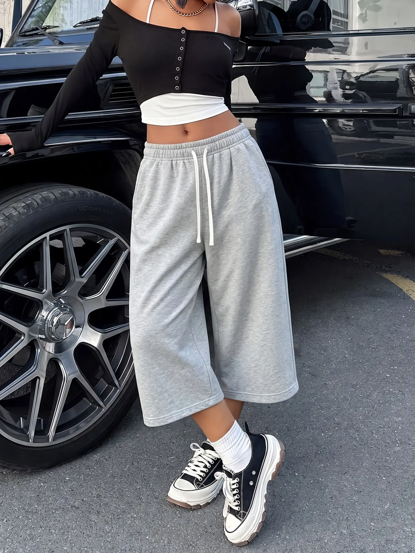 Women Grey Drawstring Elastic Waist Culotte Capri Pants, Loose Wide Leg Cropped Sweatpants, Soft Casual Streetwear Bottoms, Suitable For Coffee Date, Street Shooting, Daily Outing, Street Style Outfits