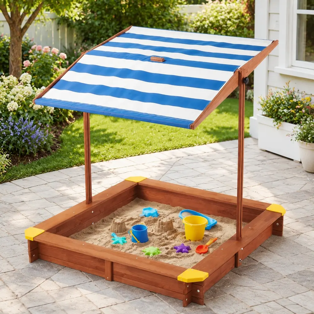 ARCH 46" Solid Cedar Kids Outdoor Play Sandbox with Adjustable Canopy, Retractable UV-Proof Cover, Bottomless Drainage, Reddish Brown Outdoor Play Set for Toddlers, 46.5"L x 46.5"W x 46.5"H, Outdoor Play Sets