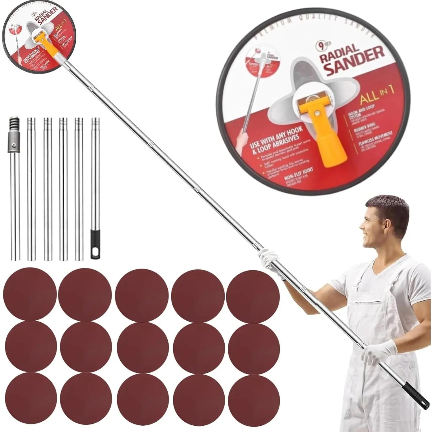 9 Inch 360° Rotating Drywall Wall & Ceiling Pole Sander 12.5-65 Inch Adjustable Extension 2-in-1 Sanding Tool with 18 Sheets 6 Grits 80-320 for Plasterboard Red