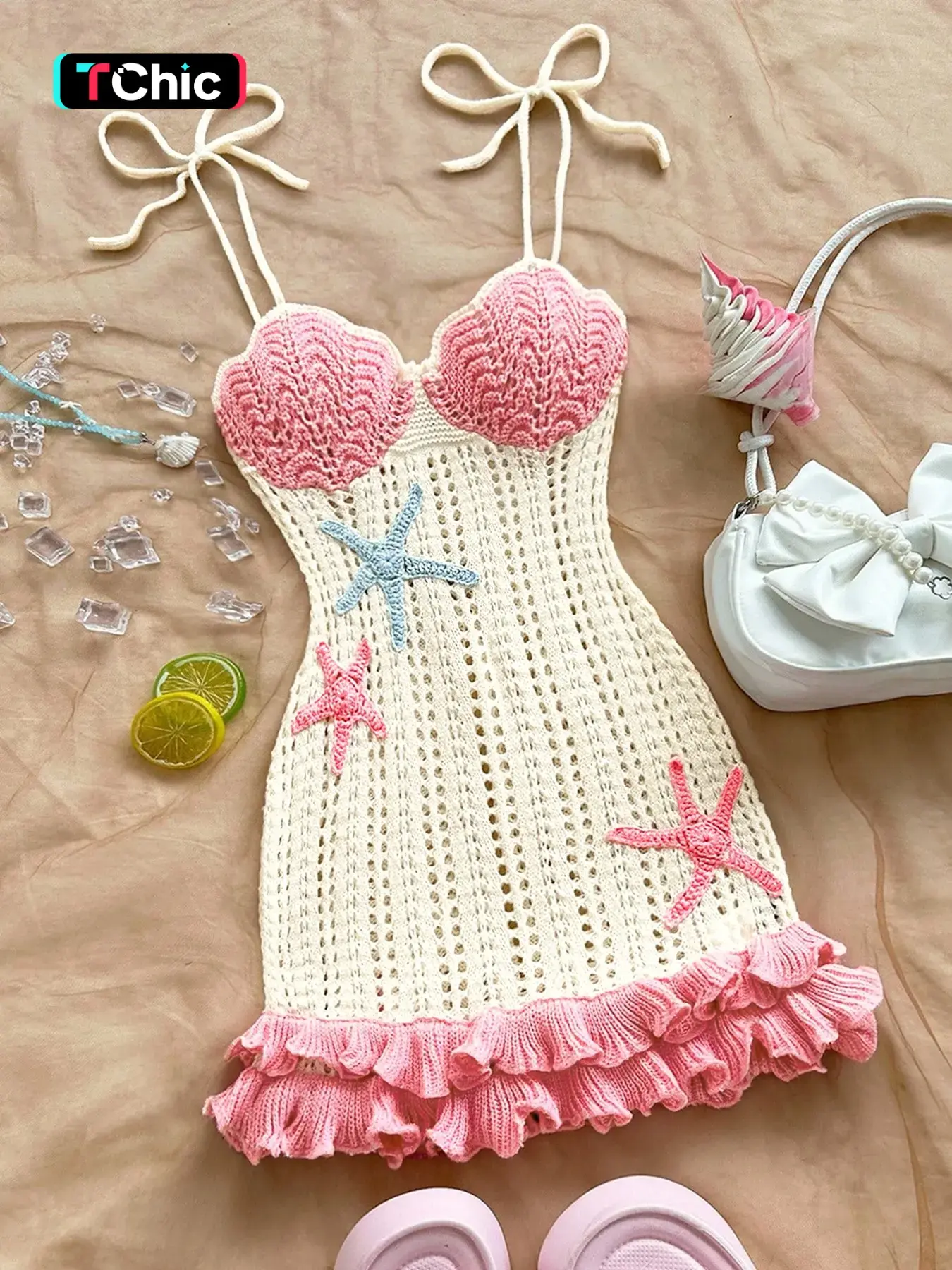 Women's Boho Style Sleeveless Fine Strap Spaghetti Strap Lace-Up Colorblock Starfish Embroidered Ruffle Hem Hollow Out Summer Vacation Knit Dress Summer Tank Dresses