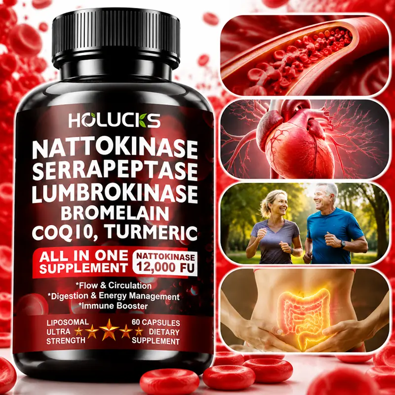 Ultra Strength Liposomal Nattokinase Supplement 12000 FU with Serrapeptase, Lumbrokinase, Bromelain, CoQ10, Turmeric Curcumin, Vitamins C B6, Calcium Magnesium, Promotes Healthy Blood Flow, Immune & Digestive Function, 60 Vegetarian Capsules