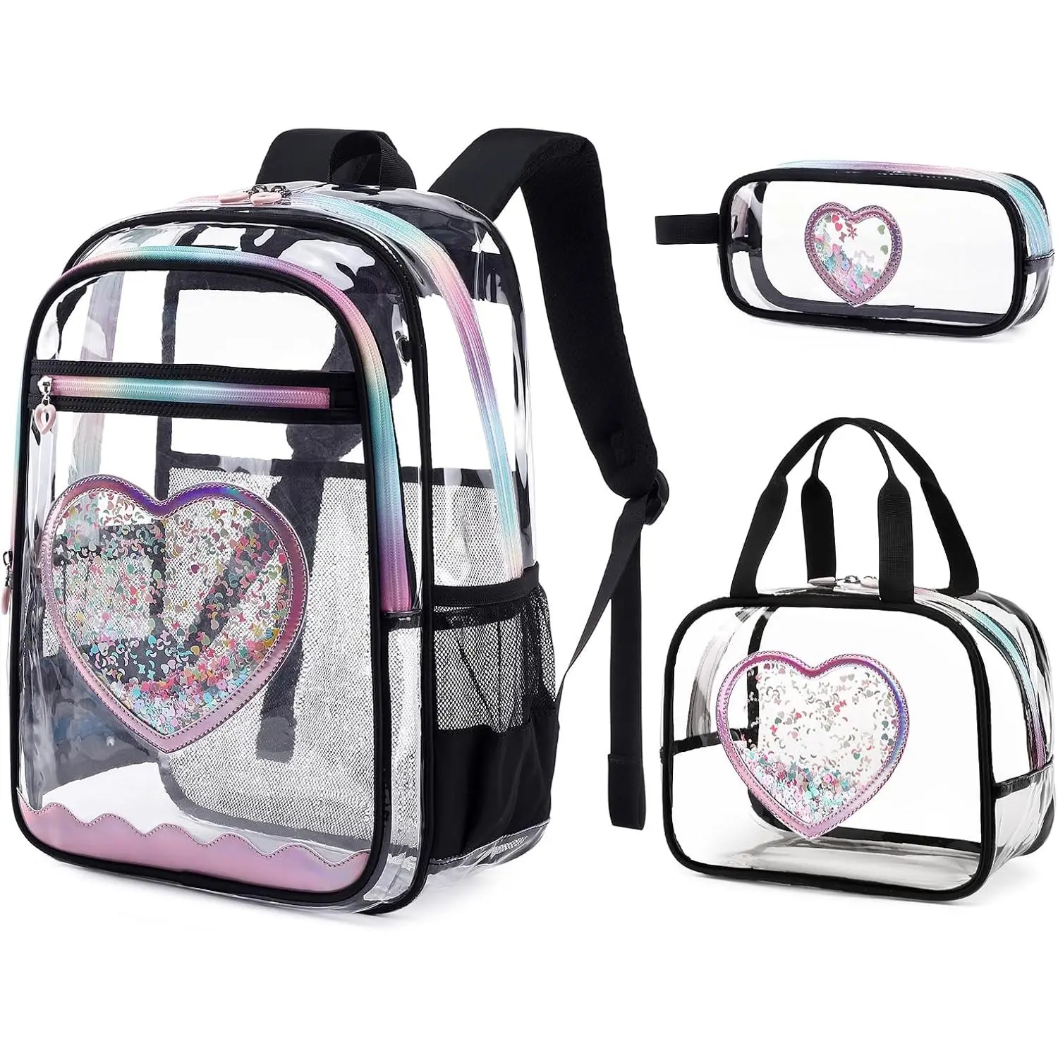 Women's Modern Large-Cap See-Through Heavy-Duty Thick Synthetic TPU Backpack with Heart Print for School, Travel, Stadium Events