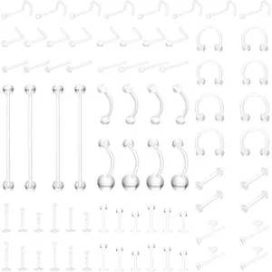 76-Pack Clear Piercing Retainer, Bioflex Body Jewelry for Eyebrow, Lip, Septum, Nose, Nipple, Navel,Tongue, Tragus | Discreet Industrial Piercing Retainer Kit for Surgery, Sports, Work | Unisex