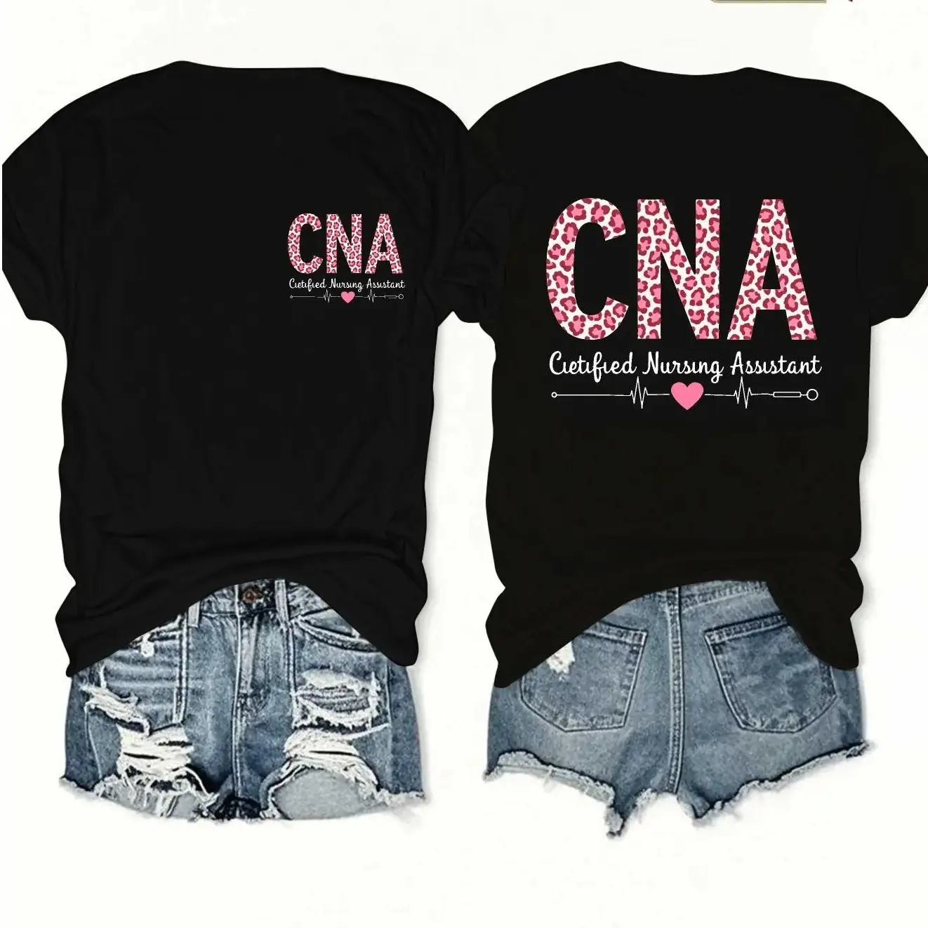 CNA Certified Nursing Assistant Double Print Cotton Tee, Pink Leopard Heartbeat Casual Women Healthcare Worker Top,funny graphic tee,summer graphic tees,tee Womenswear Hospital