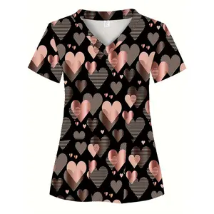 All-Over Print, Rose Golden Heart Pattern, Women'S Doctor Scrub Top, Double Pockets, Women'S Uniform Professional Top, Nurse Work Clothes, Women'S Nursing Care Uniform Top, Short-Sleeve Nurse Outfit, Women'S T-Shirt, Suitable for Professionals