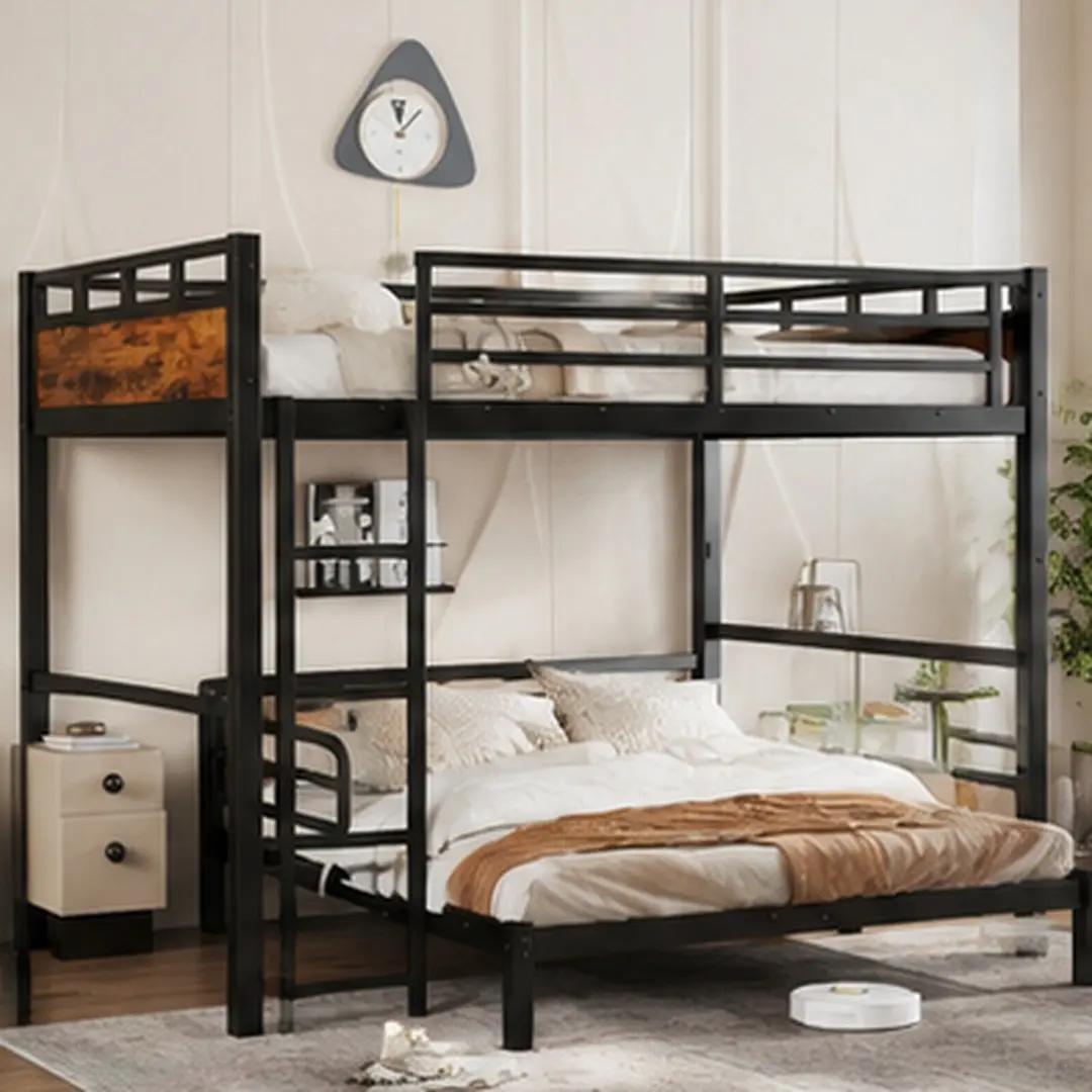ARCH Silent Secure Queen-over-Queen Metal Bunk Bed - Separable Loft Bed with Raised Security Fence, Vintage Wood Finish MDF+Metal Platform Frame, 65.40" W x 82.70" D/77.60" D, 114.64 lb, for Kids, Twin XL/Full/Full XL Size Options, Assembly Required, Expa