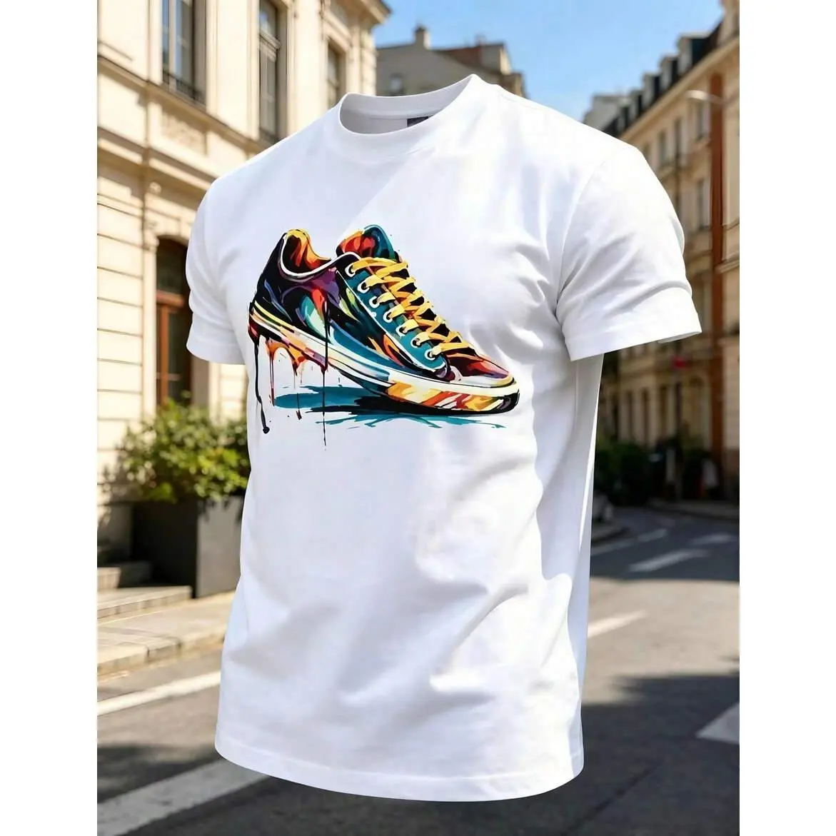 1pc Man S' Colorful Sneaker Art Print White TShirt Crew Neck Casual Cotton Tee Medium Stretch Knit Fabric Regular Fit For Boys Man Perfect For //