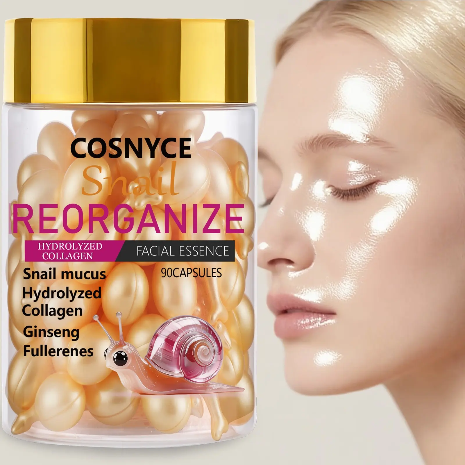 90 Count Snail Face Essence Capsules with Collagen, Suitable for All Skin Types, Liquid Form, Long Shelf Life, Non-Flammable