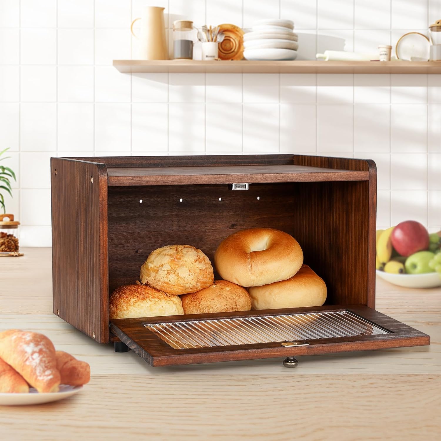 Bread Box for Kitchen Countertop Storage Wooden Breadbox Holder Container Morden Rustic Fresh Bread Keeper Farmhouse Stackable Organizer Bin for Homemade  Shelf  Window (Brown)