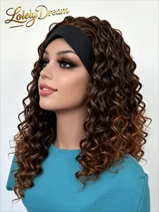 Lolely Dream 14 Inch Shoulder Length Headband Curly Synthetic Wig for Black Women Natural Bouncy Burmese Curls Heat Resistant Fiber Glueless No Lace Wear Go Half Wig Beginner Friendly for Daily Work Gym Date Party