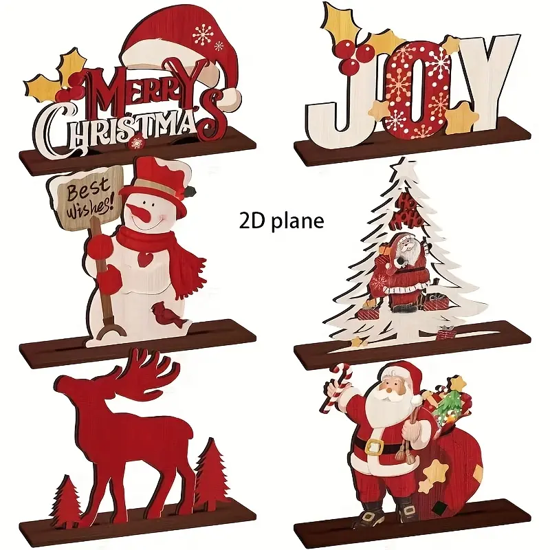 6Pcs 2D Flat Farmhouse Christmas Wooden Table Signs Santa Snowman Reindeer Rustic Festive Christmas Decorations Holiday Tabletop Decor Plaques