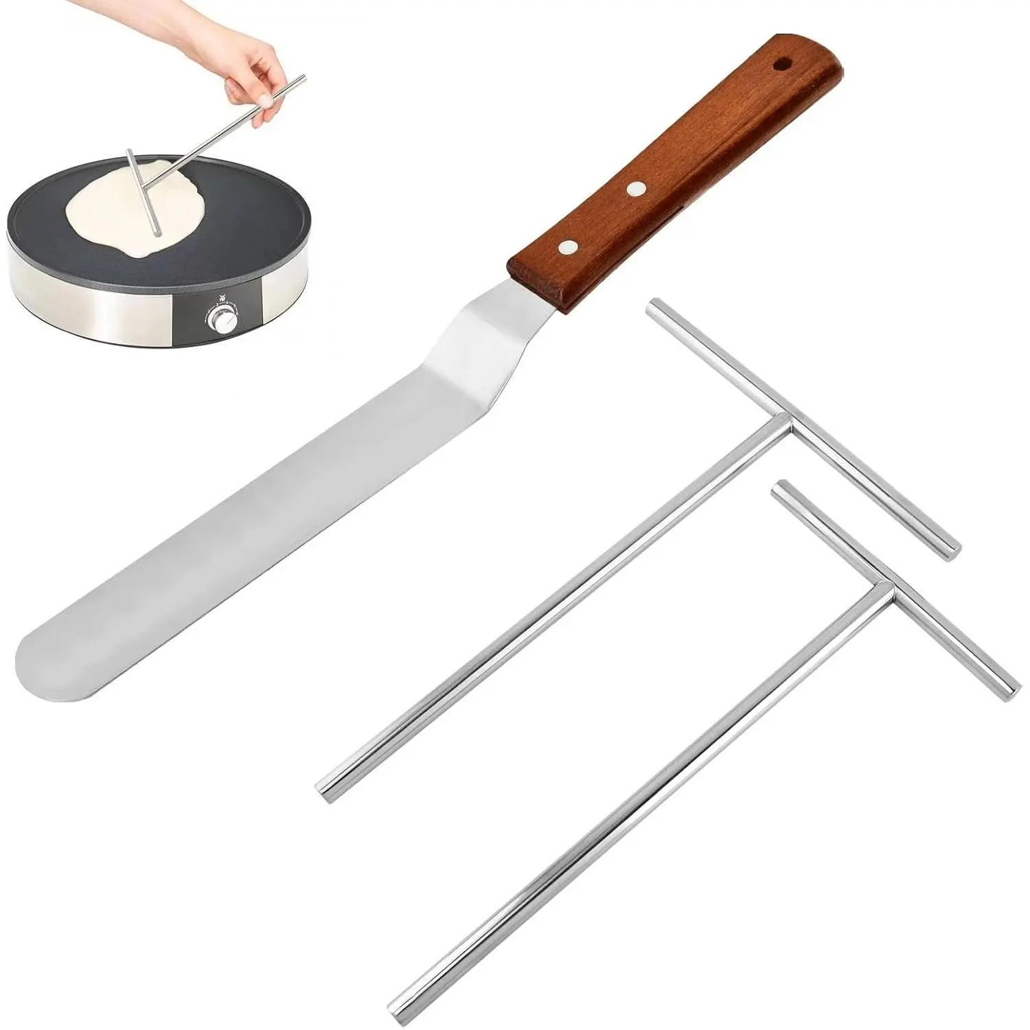 Crepe Spreader and Spatula Kit,Pancake Tool 12.6 Inch Wood Handle Spatula Turner 5 and 7 Inch T-Shaped Batter Spreaders Fit Any Size Pan Maker(COLOR:Silver)
