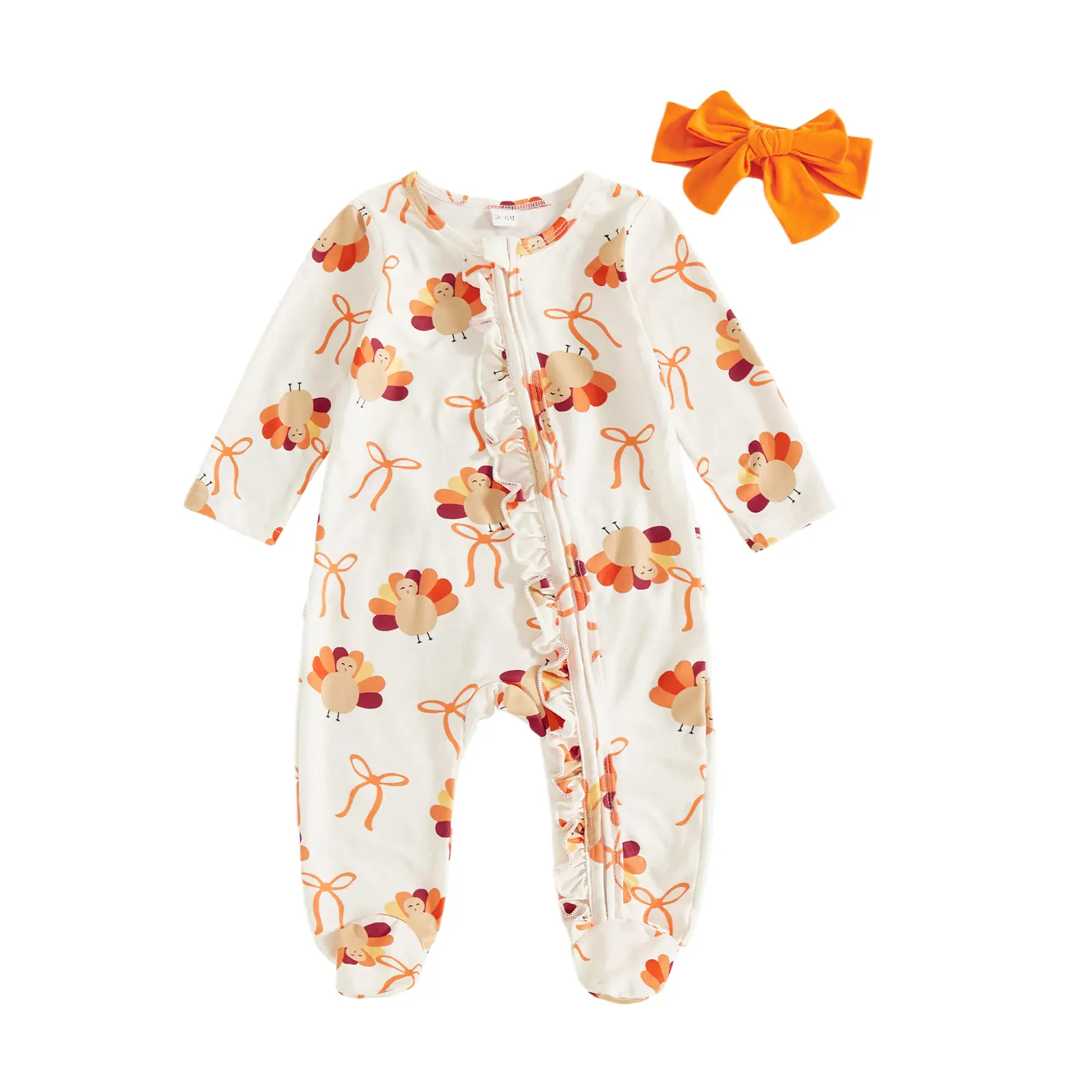 Newborn Baby Girl Thanksgiving Outfit Ruffle Butt Romper Turkey Onesie Footie Fall Winter Clothes