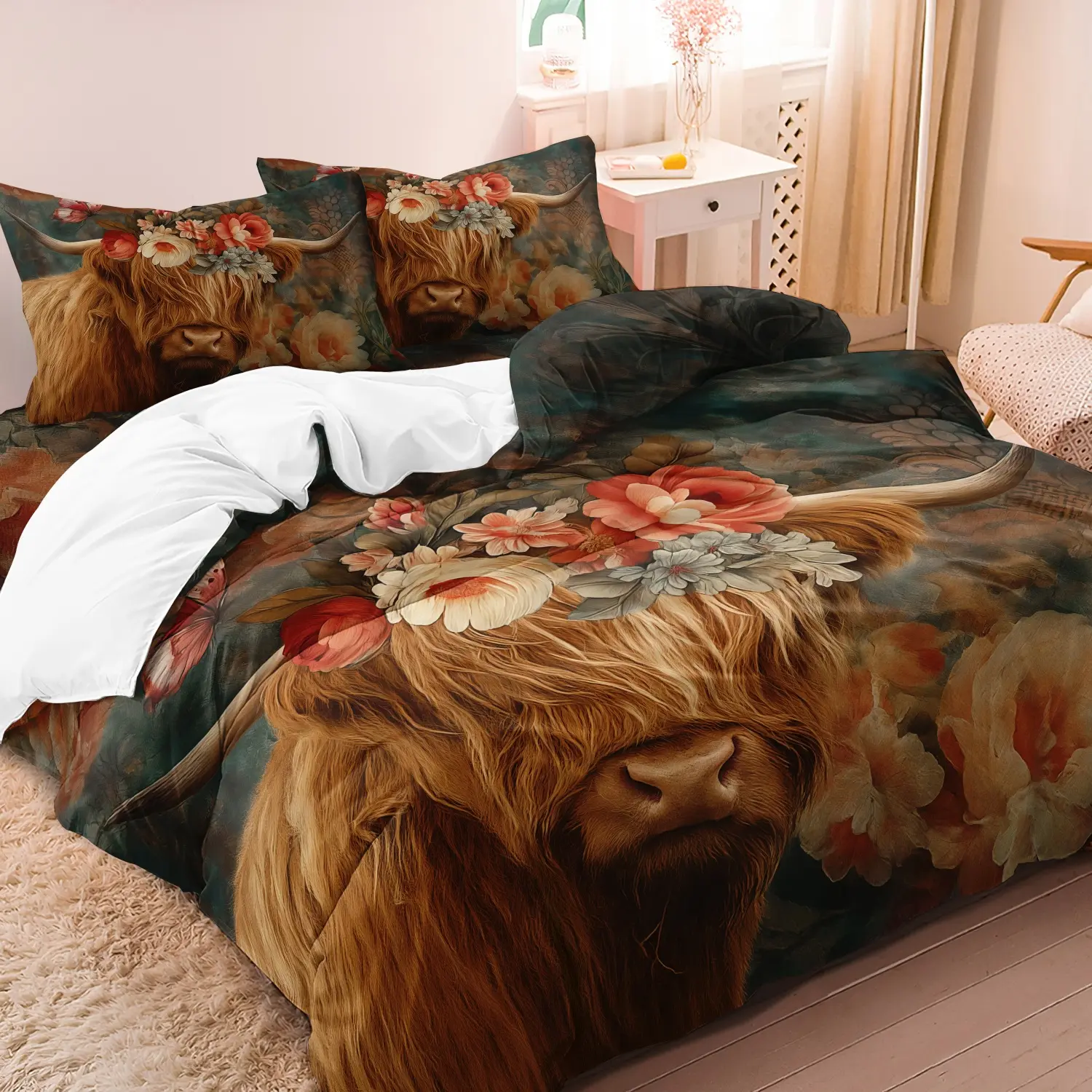 3 Pieces Vintage Floral Highland Cow Print Duvet Cover Set, Dark Green Peony Flower Printed Bedding Sets, Farmhouse Bed Set, Decorative Bedding Set, Bedroom Home Decoration, Multiple Sizes Available 1 Duvet Cover + 2 Pillowcases, No Comforter No Pillow