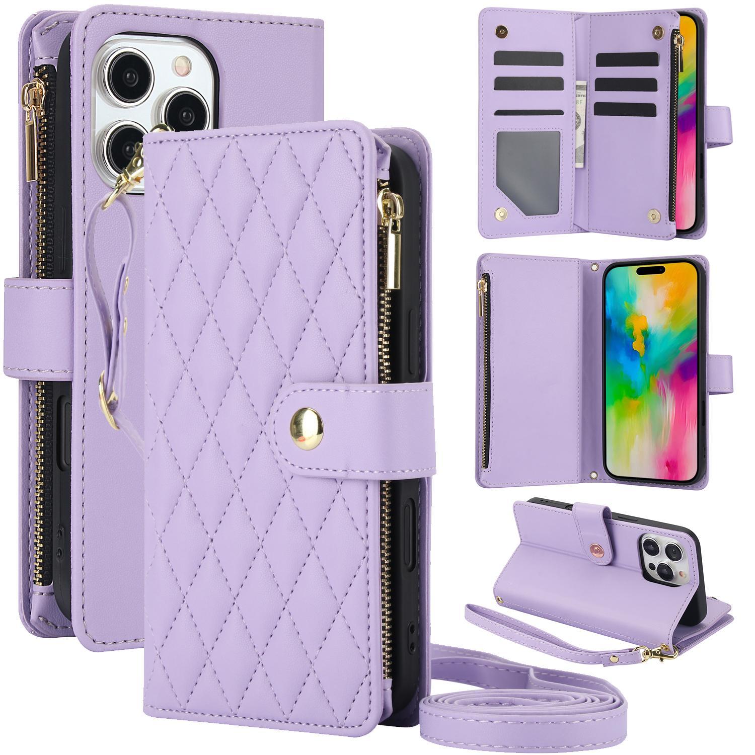 Quilted Pattern Phone Case with Card Holder, Adjustable Crossbody Zipper Purse Case with Kickstand and Detachable Wrist Strap, Flip Folio Case for iPhone 17 Air/16e/16/15/14/13/12/11 Pro Max