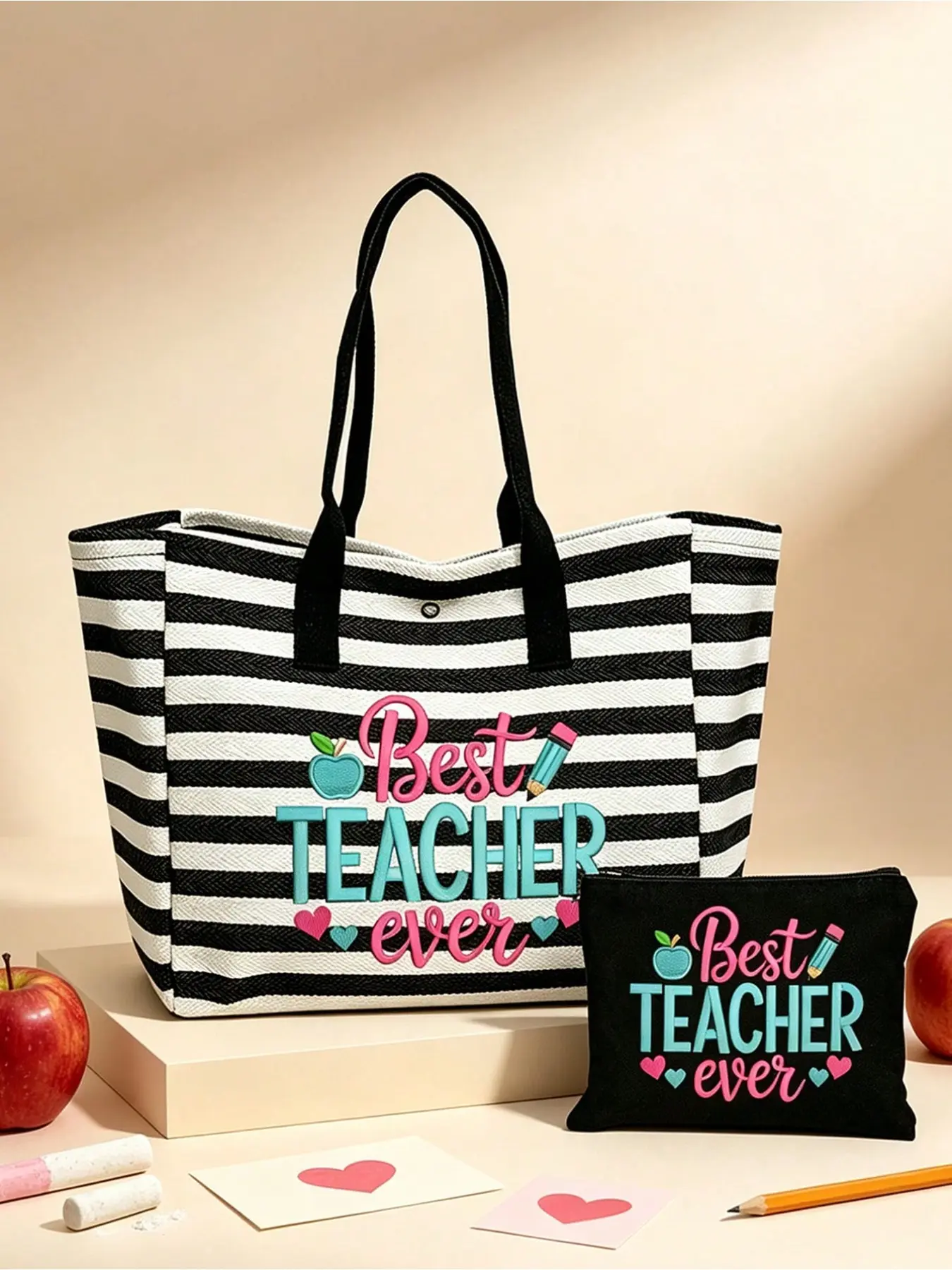 Large-capacity striped teacher tote bag set - teacher pattern print foldable canvas shoulder bag, teacher work tote bag, can hold notebooks, lesson plans, laptop, and teaching tools, zippered storage bag for organized storage