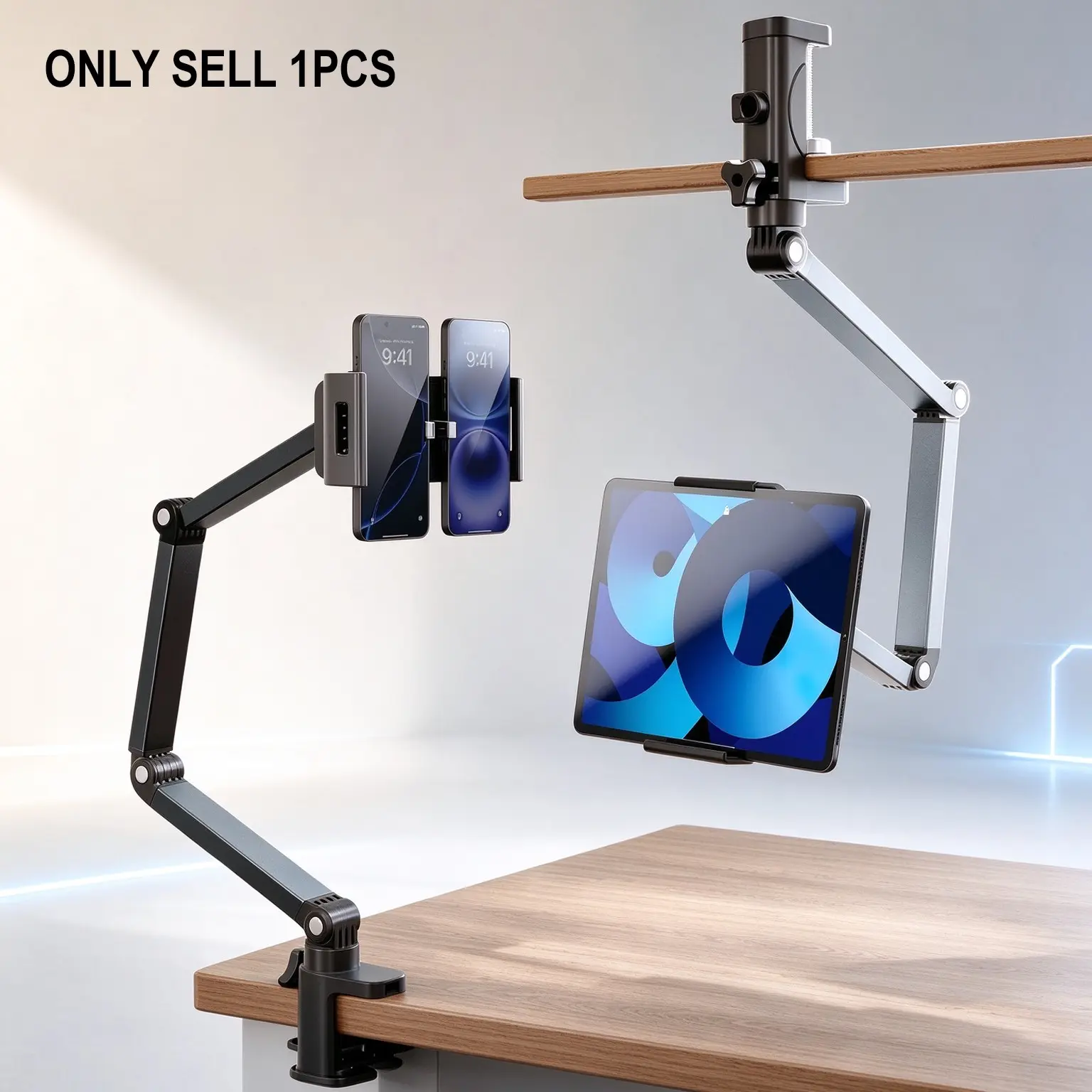Tablet Stand Phone Desktop Holder, Long Arm Foldable Adjustable with Clip, Bookshelf Tablet Computer Stand, Live Stream Stand, Manual Adjustment