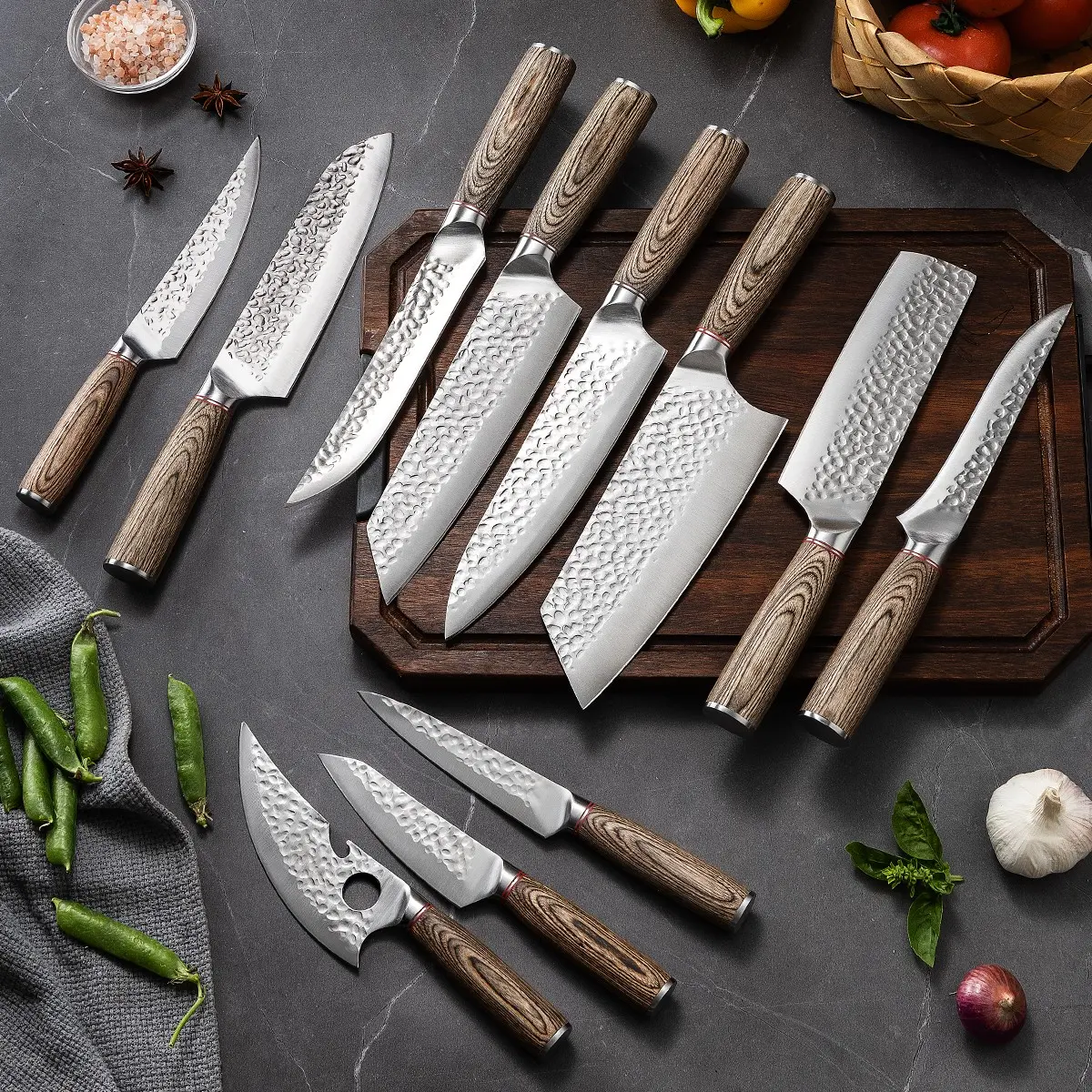11-Piece Stainless Steel Knife Set, Chef's Knife, Paring Knife, Fruit Knife, Wooden Handle, Hammer Texture Blade, Home Kitchen Tools