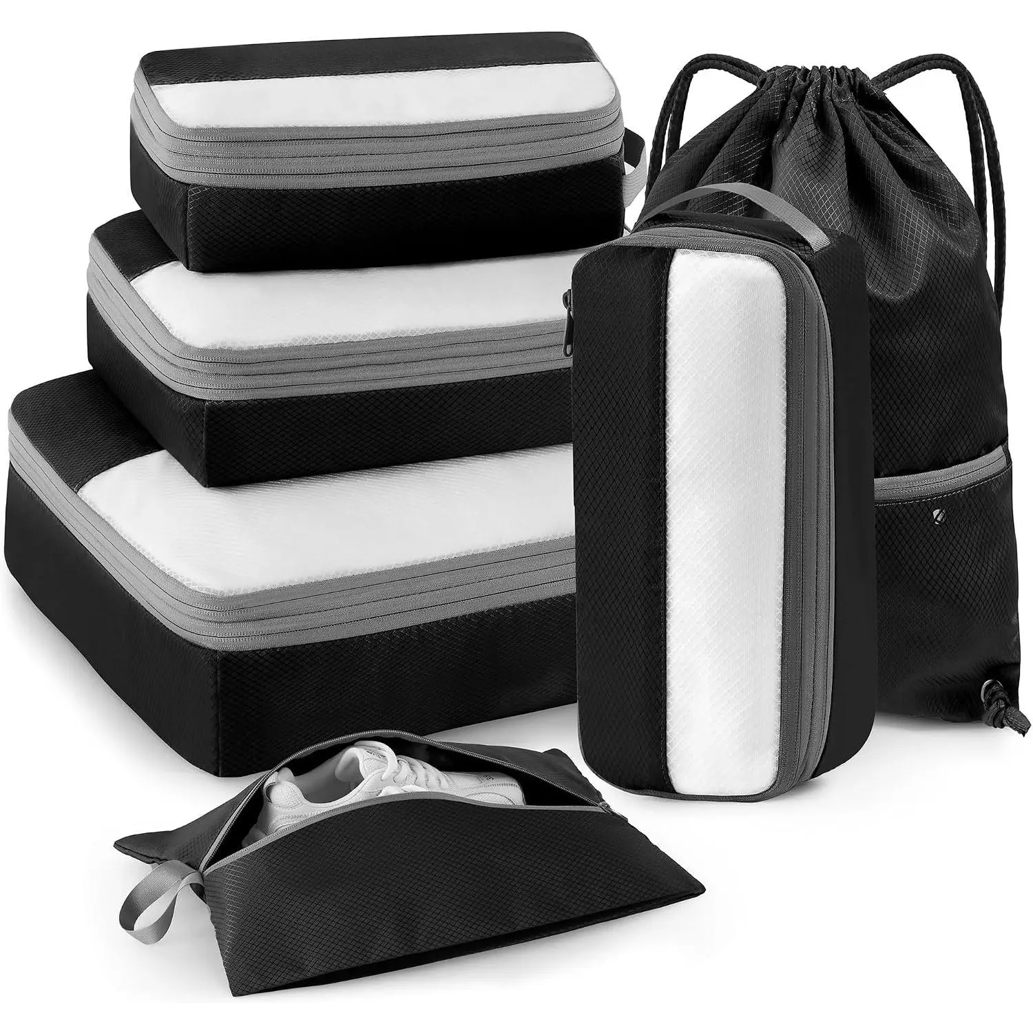 6 Set Compression Packing Cubes for Travel, Lightweight and Space-Saving Luggage Organizer Bags, Sturdy Travel Essentials for Suitcase, Black