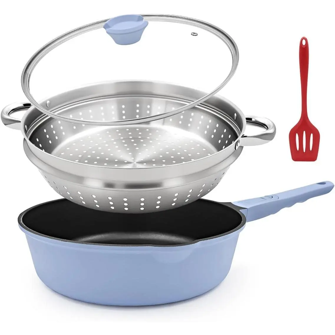 12-Inch Non Stick Deep Frying Pan Skillet with Steamer, 5 QT Saute Pan with Lid, Vegetable Steamer Cookware for Cooking, Detachable Handle,Compatible with All Stoves,Oven Safe,PFOA Free,Blue