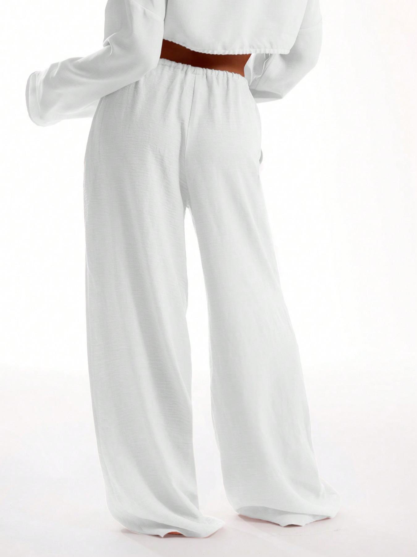 Women's Solid Pocket Pants, Casual Comfy Wide Leg Woven Trousers for Beach Vacation Holiday, Ladies Bottoms for All Seasons, Baggy Legged Pants, Fit