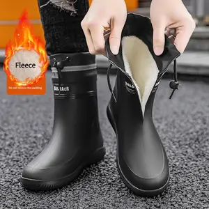 Waterproof PVC Rain Boots - Fleece-Lined Anti-Slip Long Boots with Slip-On Closure for Camping, Fall/Winter Army Cold Weather Gear Black(Sheets)