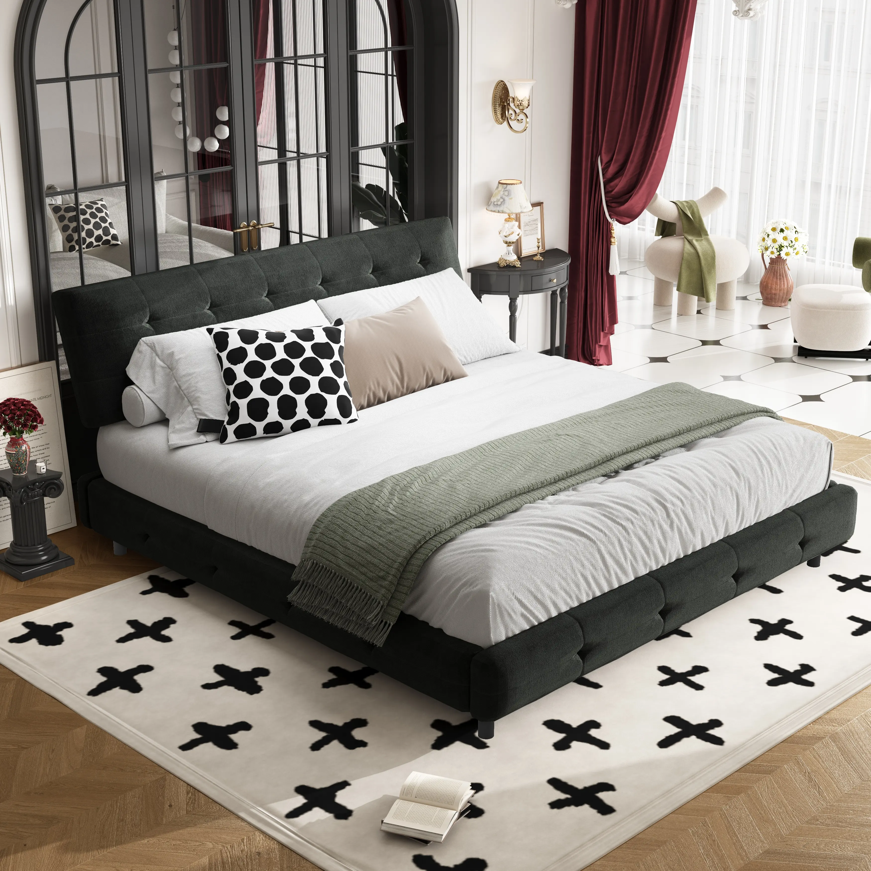 Nokaa King Size Bed Frame with Tufted Headboard and Extra-Large Ultra-Soft Cloud Pillow, Chenille Upholstered Platform Bed with Metal and Wooden Slats Double Support, Solid Stable Noise-Free, No Box Spring Needed, Black