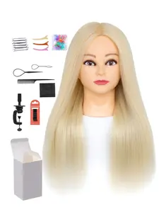26 Inch Platinum Blonde Synthetic Hair Mannequin Head with Clamp Stand & Full Hair Styling Tools Kit. Soft straight fiber hair for braiding, cutting & styling practice, ideal for hairdressing beginners, comes with delicate gift box.