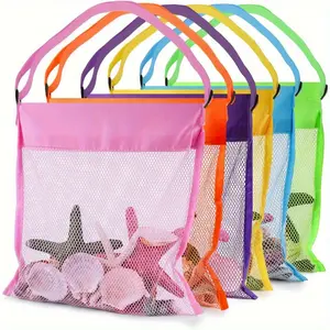 18pcs randomly colored vibrant mesh beach bags with adjustable shoulder straps - made of sturdy polyester, these bags are perfect for collecting shells, toys, and more - ideal for beach outings, school trips, and various outdoor activities