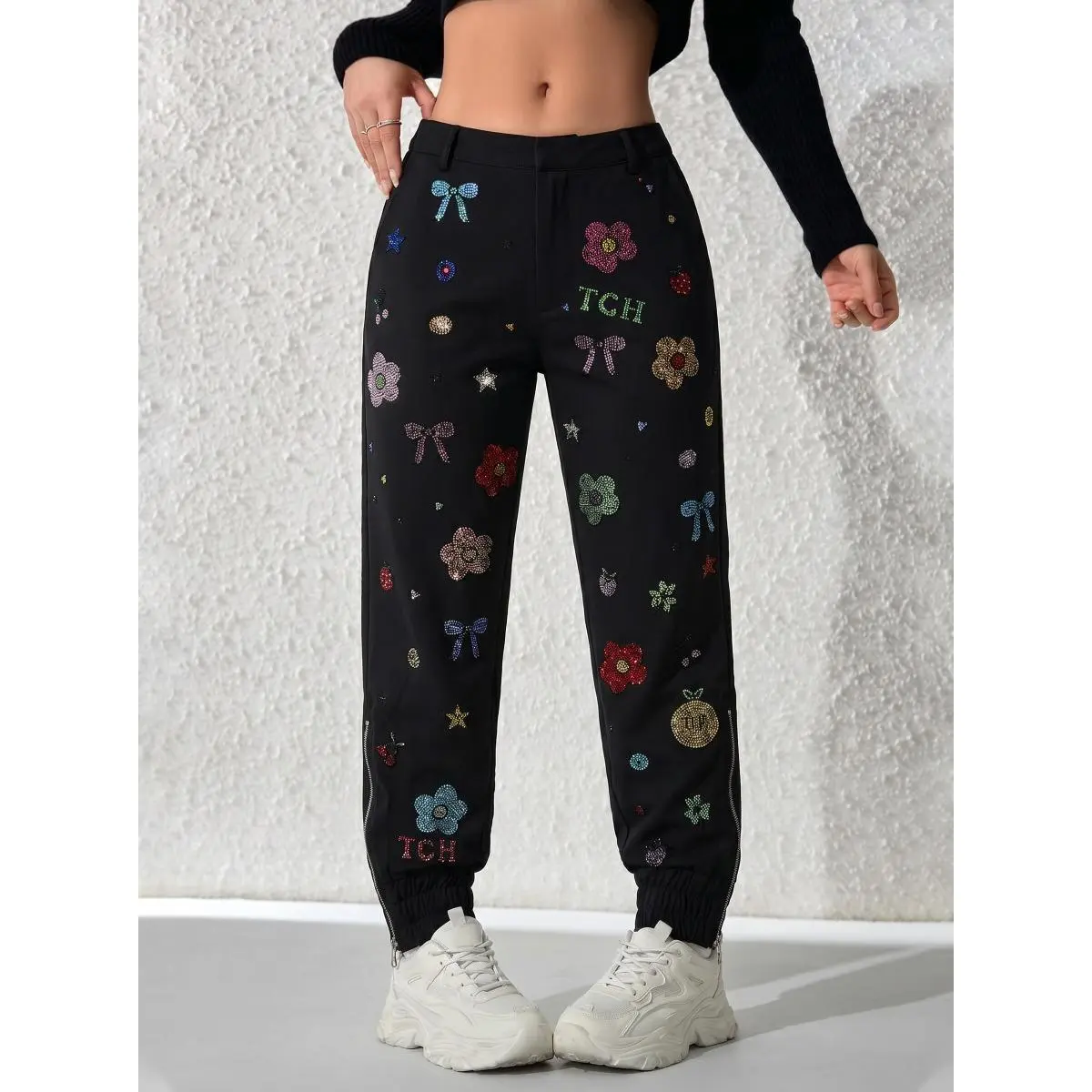 TCH Y2K Rhinestone Graphic Joggers | Aesthetic Coquette Aesthetic Baggy Pants Retro Harajuku Streetwear Sweatpants for Women