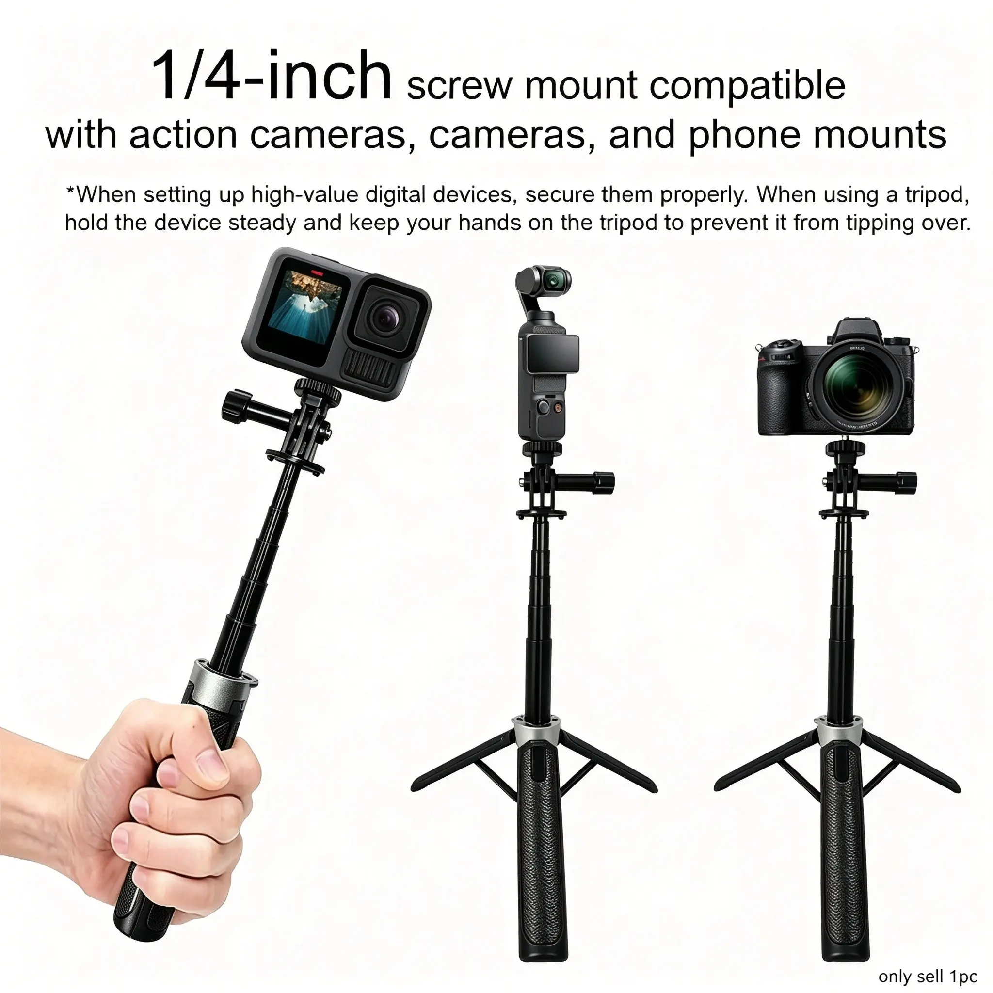 160cm Two-In-One Sports Camera Tripod Monopod, Adjustable Handheld/ground Stand, Ideal for Outdoor Video Shooting, Durable Design