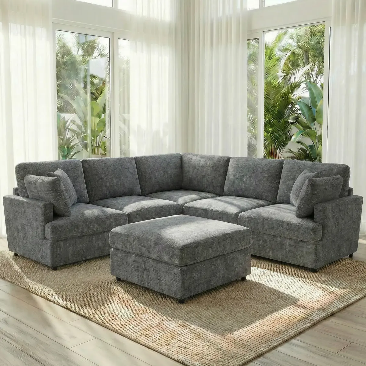 Reconfigurable Modular Sectional Sofa, Multi-Combination Convertible U-Shaped Couch with Movable Chaise & Throw Pillows, Textured Linen Fabric Deep Seat Corner Sofa for Living Room Apartment