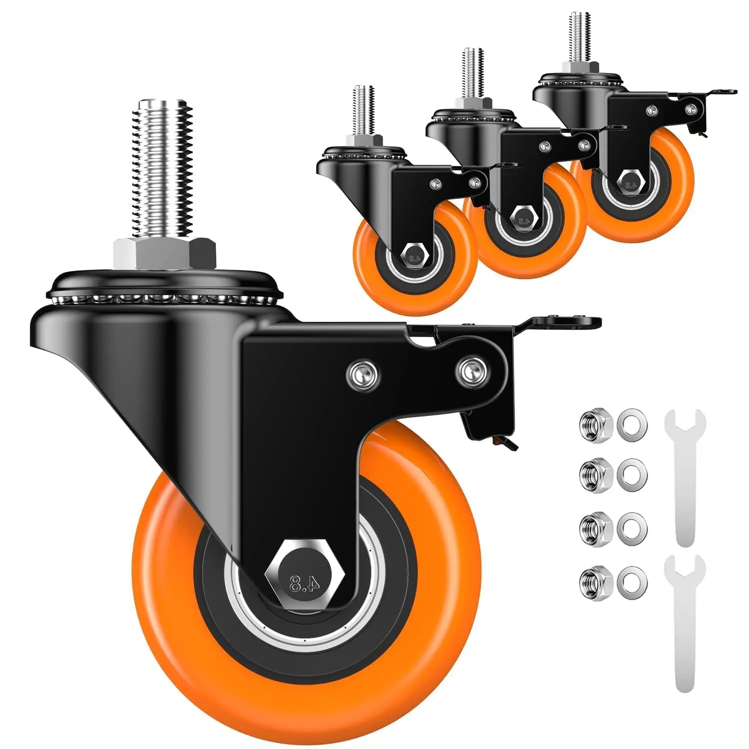 2 inch Caster Wheels 5/16" - 18x1 Threaded Stem Casters Set of 4 Heavy Duty(Stem Diameter 5/16" UNC, Stem Length 1"). Safety Locking Industrial Casters for Carts, Furniture(Orange)