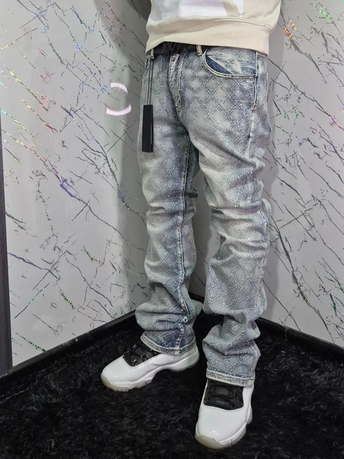 Blue Carbon Drill Jacquard Micro Flare Jeans, Streetwear Trendy Micro Flare Jean Pants, Cotton Solid Color Daily Commute Jeans